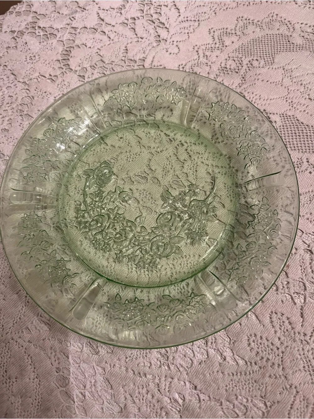 Belmont Rose Green Uranium Depression Glass| Vintage Dessert Plate & Sherbet Cup